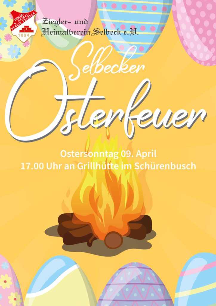Plakat zum Selbecker Osterfeuer 2023 mit Ostereiern und Lagerfeuer