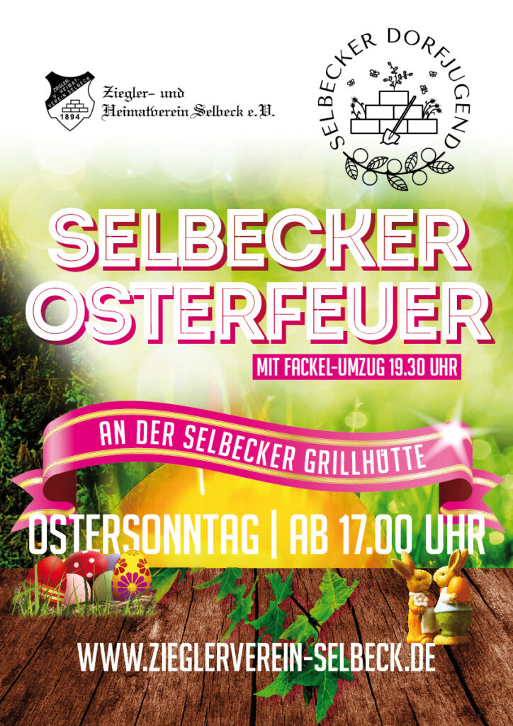 Plakat vom Selbecker Osterfeuer mit allen Informationen vor grünem Hintergrund, Ostereiern und Osterhasen.